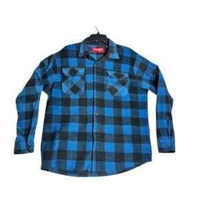 Wrangler Button Up Heavy Fleece Flannel Shirt Blue Black Plaid Men's Large